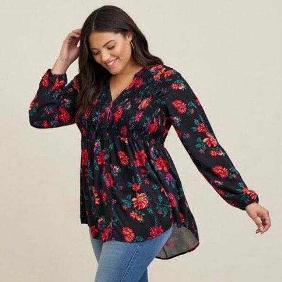 Torrid Floral Print Smocked Long Sleeve Button Up Tunic NWT Size 00/Medium - Picture 1 of 8
